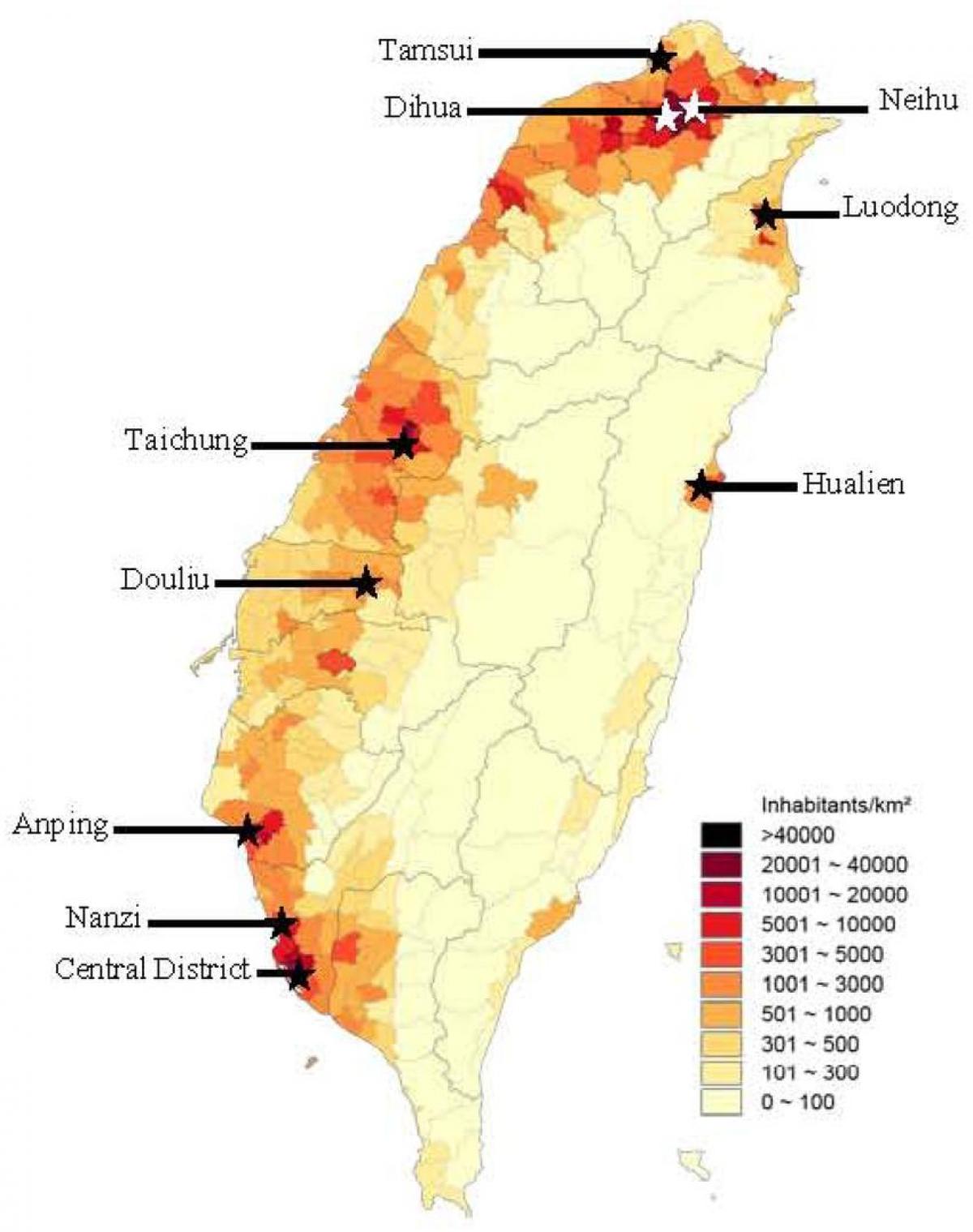 Taiwan densità di popolazione mappa